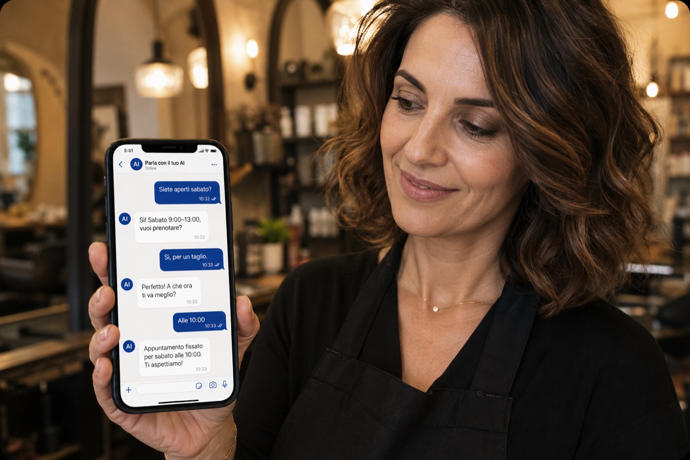 Titolare di un salone mostra lo smartphone con l'agente AI che fissa un appuntamento